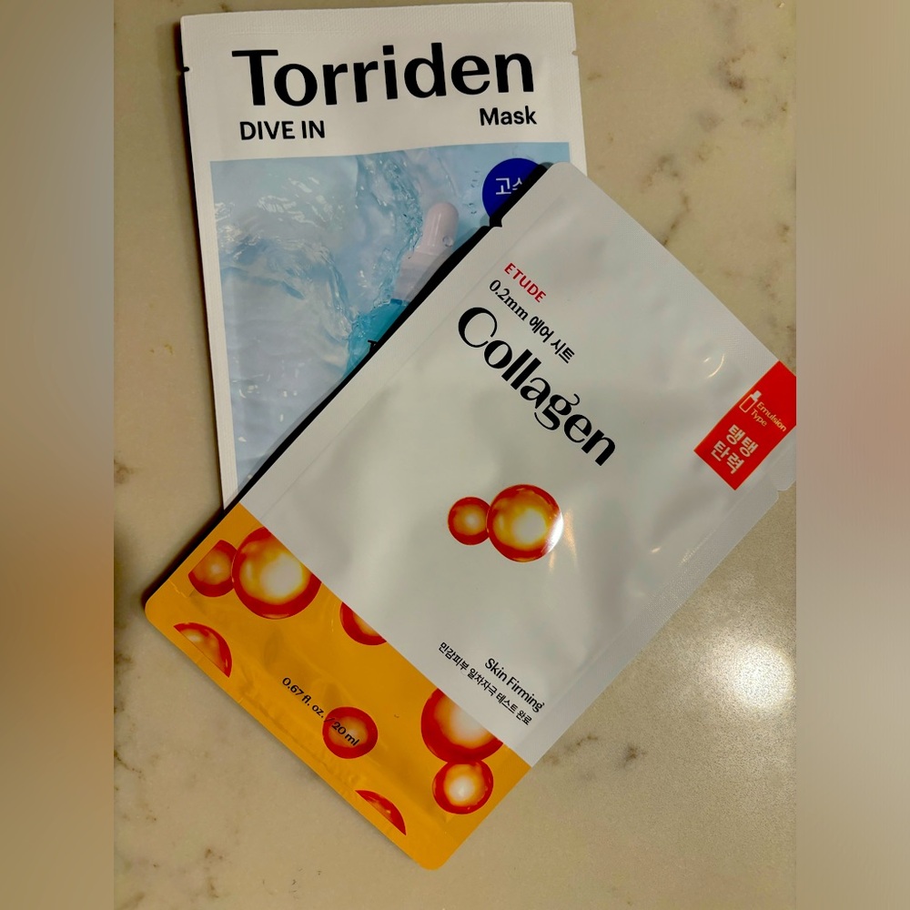 2 Korean Face masks Etude collagen skin firm & Torriden dive in hyaluronic acid